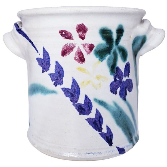 Artist SIGNED Vintage Hand Thrown POTTERY Floral Crock Utensil Holder w/ Handles - Picture 1 of 12